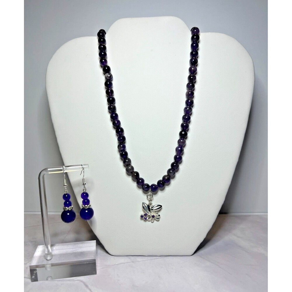 Amethyst/Rhinestone Bead Necklace & Flower Pendant & Earring Set, (0125)